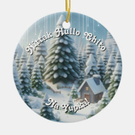 Ornamento De Cerâmica Feliz Natal em Choctaw w Floresta Nevada 