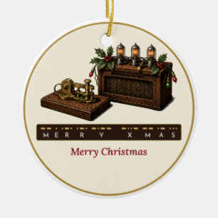 Ornamento De Cerâmica Feliz Natal em Morse Code Telegraph Key e Rádio