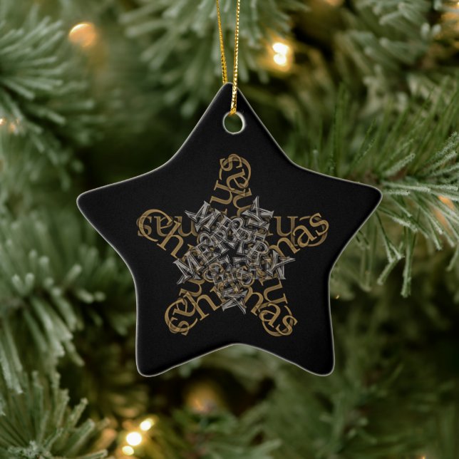 Ornamento De Cerâmica Feliz Natal - Estrela da Caligrafia em Preto (Árvore)