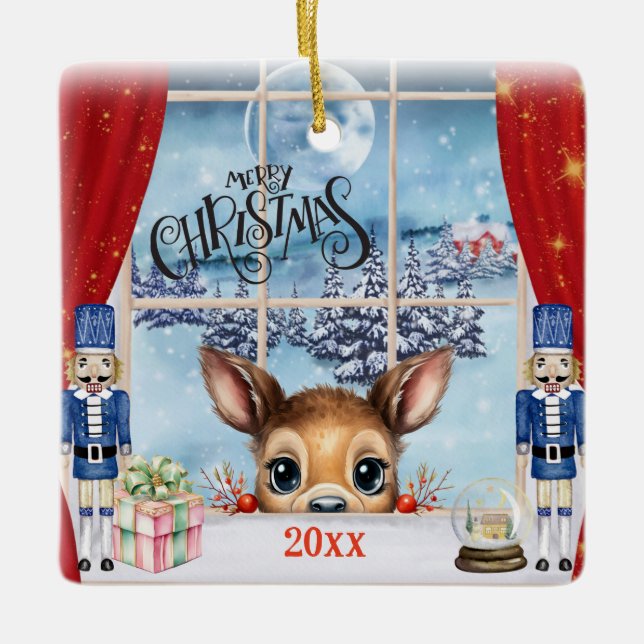 Ornamento De Cerâmica Feliz Natal - Fawn espiando pela janela (Frente)