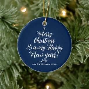 Ornamento De Cerâmica Feliz Natal Feliz Ano Novo script azul fofo