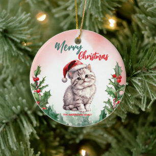 Ornamento De Cerâmica Feliz Natal Feliz Gato de Gato Bonito