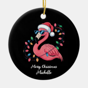Ornamento De Cerâmica Feliz Natal Flamingo Rosa Personalizado