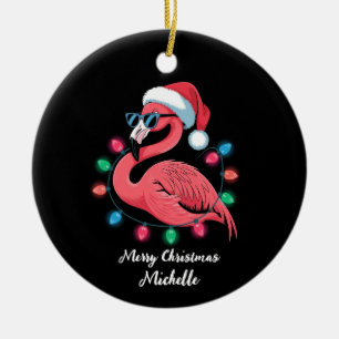 Ornamento De Cerâmica Feliz Natal Flamingo Rosa Personalizado