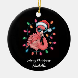 Ornamento De Cerâmica Feliz Natal Flamingo Rosa Personalizado