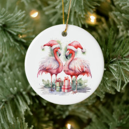 Ornamento De Cerâmica Feliz Natal Flamingos Rosa