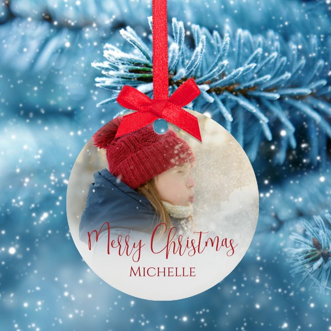 Ornamento De Cerâmica Feliz Natal Foto da Caligrafia Xadrez Vermelha Ver (Merry Christmas with a whimsical stylish calligraphy script ceramic circle ornament. )