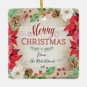 Ornamento De Cerâmica Feliz Natal - Foto da Família Watercolor Wreath