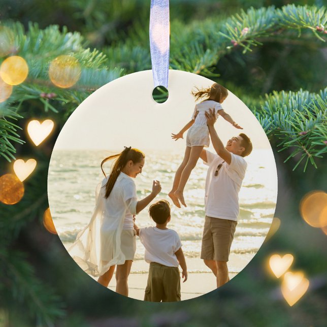 Ornamento De Cerâmica Feliz Natal Foto Dourada Caligrafia (Simple photo holiday Christmas tree ornament.)