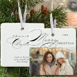 Ornamento De Cerâmica Feliz Natal Foto e Caligrafia Elegante<br><div class="desc">Um adorno de fotos de Natal feliz, que você pode personalizar com sua foto favorita e texto personalizado no verso. Design de tipografia elegante com caligrafia brilhante e fácil de editar para amigos ou familiares. Este ornamento de Natal está escrito com Feliz Natal de um lado e texto editável do...</div>