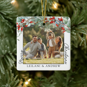 Ornamento De Cerâmica Feliz Natal Foto e Watercolor Holly