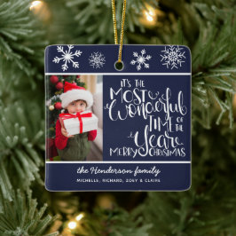 Ornamento De Cerâmica Feliz Natal Foto Personalizada Azul-Marinho Floco 