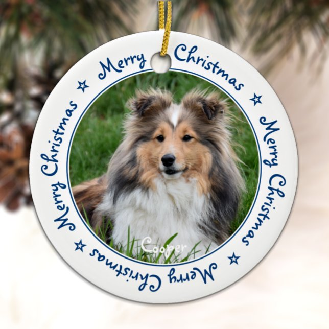 Ornamento De Cerâmica Feliz Natal - Foto Única Trendy Blue Pet Dog (Criador carregado)