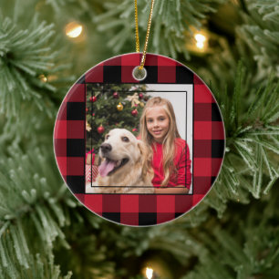 Ornamento De Cerâmica Feliz Natal Foto Vermelha e Xadrez Negra de Buffal