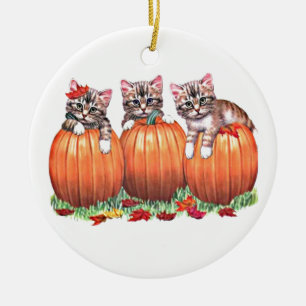 Ornamento De Cerâmica Feliz Natal, Gatinhos de outono, em Pumpkins, ZSSG