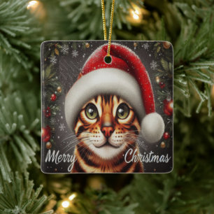 Ornamento De Cerâmica Feliz Natal Gato Bengala, Papais noeis Xmas Gato B