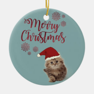 Ornamento De Cerâmica Feliz Natal, gato com chapéu do papai noel