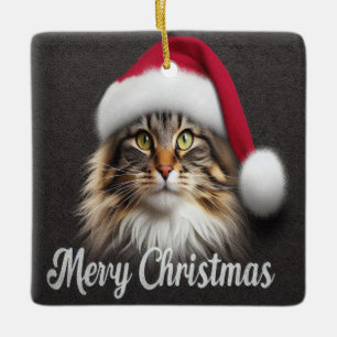 Ornamento De Cerâmica Feliz Natal Gato da Floresta Norueguesa, Gatinho d