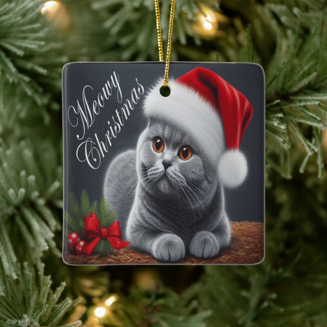 Ornamento De Cerâmica Feliz Natal Gato de Papais noeis de Shorthair Brit (Árvore)