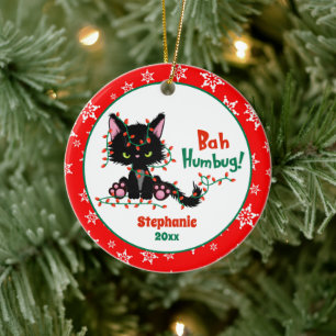 Ornamento De Cerâmica Feliz Natal Gato Grumpy Bah Humbug