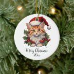Ornamento De Cerâmica Feliz Natal Gato Kitten Santa Hat Holly Personaliz<br><div class="desc">Gato gatinho adorável com chapéu de Papai noel e groselhas de Holly te desejam um Natal muito feliz. Personalize com a saudação de sua escolha (Feliz Natal,  Feliz Feriados,  Saudações de Sábios) ou do sobrenome de sua família e do ano.</div>
