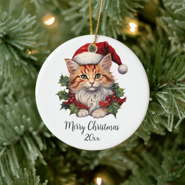 Ornamento De Cerâmica Feliz Natal Gato Kitten Santa Hat Holly Personaliz (Árvore)