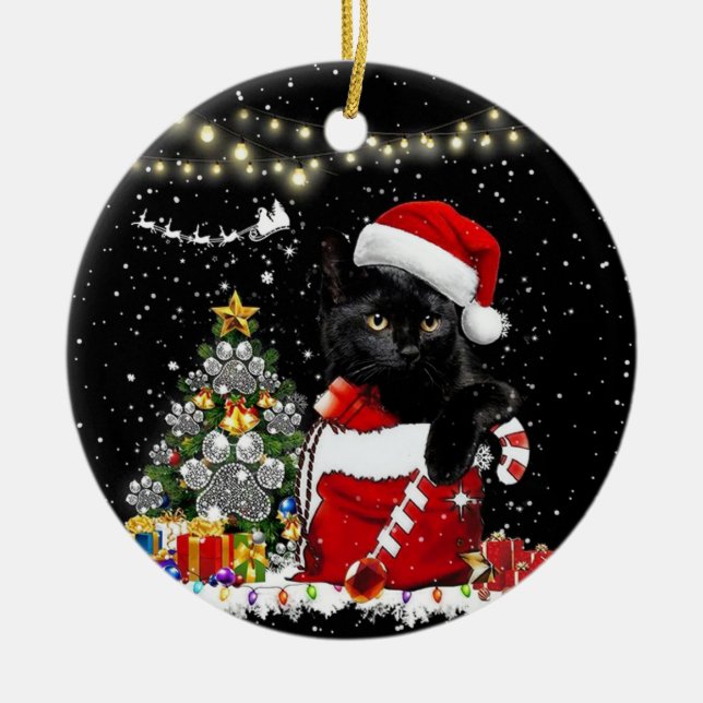 Ornamento De Cerâmica Feliz Natal Gato Negro (Frente)