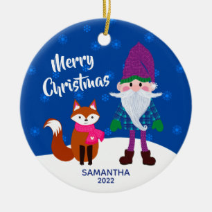 Ornamento De Cerâmica Feliz Natal Gnomo Fox Personalizado Noite Azul