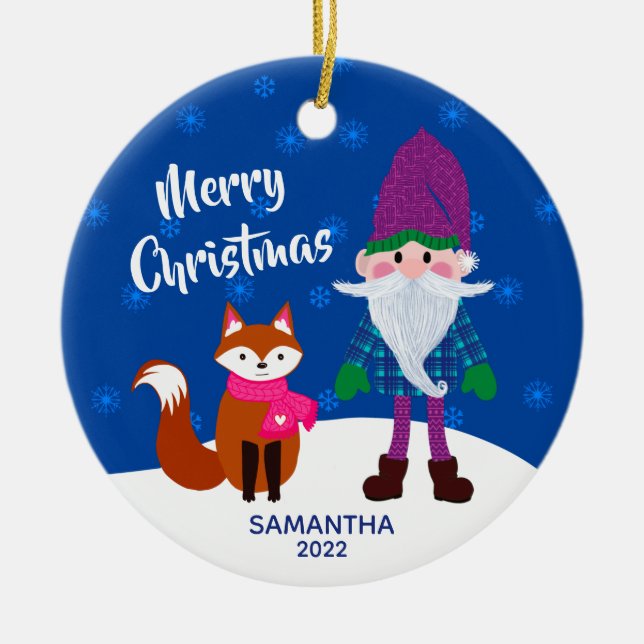 Ornamento De Cerâmica Feliz Natal Gnomo Fox Personalizado Noite Azul (Frente)