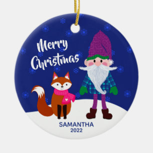 Ornamento De Cerâmica Feliz Natal Gnomo Fox Snowflakes Azul Meia-Noite