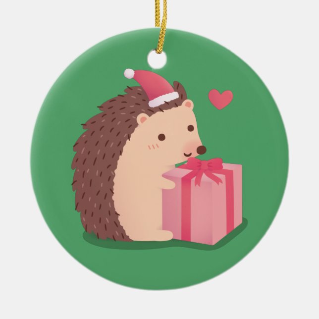 Ornamento De Cerâmica Feliz Natal Hedgehog Com Presente (Frente)