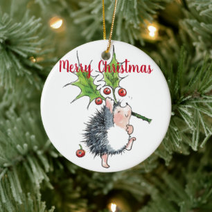 Ornamento De Cerâmica Feliz Natal Holly Hedgehog Personalizado
