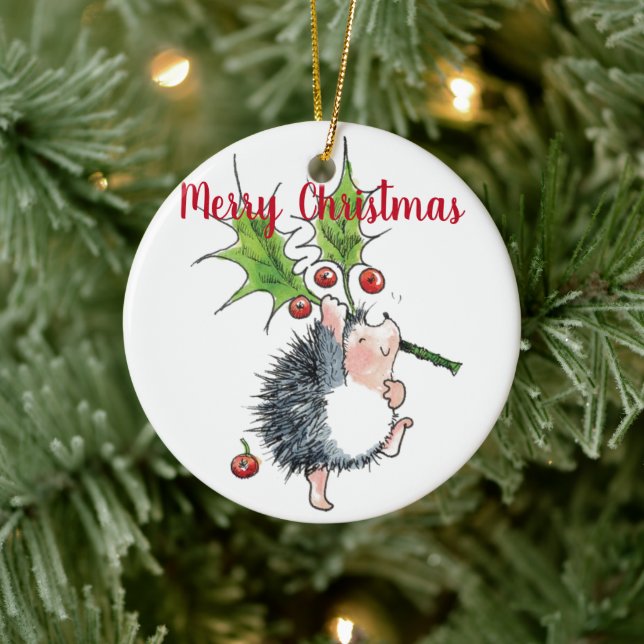 Ornamento De Cerâmica Feliz Natal Holly Hedgehog Personalizado (Árvore)