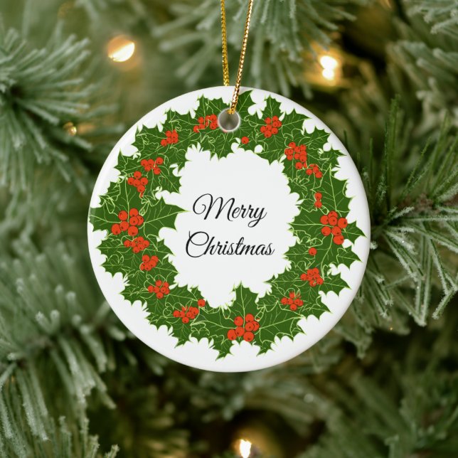 Ornamento De Cerâmica Feliz Natal Holly Wreath (Árvore)