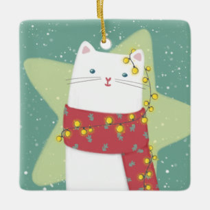 Ornamento De Cerâmica Feliz Natal: Ilustração de Gato