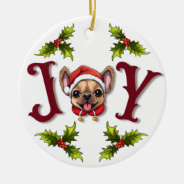Ornamento De Cerâmica Feliz Natal Joy Bonito Bulldog Francês Holly