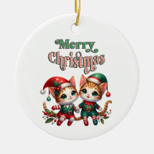 Ornamento De Cerâmica Feliz Natal Kitten Elves