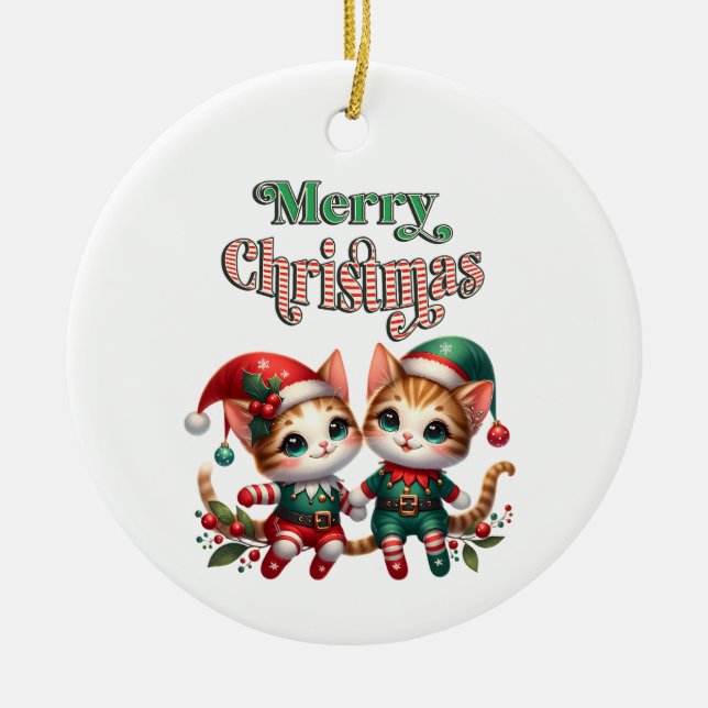 Ornamento De Cerâmica Feliz Natal Kitten Elves (Frente)