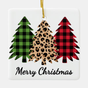 Ornamento De Cerâmica Feliz Natal Leopardo e Xadrezes
