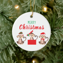 Ornamento De Cerâmica Feliz Natal Macacos Bonitos Chapéus De Natal