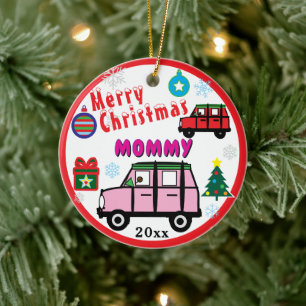 Ornamento De Cerâmica Feliz Natal Mamãe Carro Rosa Crianças FOTO