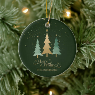 Ornamento De Cerâmica Feliz Natal Minimalista Pinheiros Verde