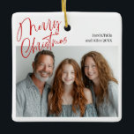 Ornamento De Cerâmica Feliz Natal Múltiplos Dois Fotos Design Vermelho<br><div class="desc">Feliz design de fotos de Natal com duas fotos,  escrevendo vermelho</div>