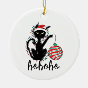 Ornamento De Cerâmica Feliz Natal Negro e Engraçado Gato HoHo