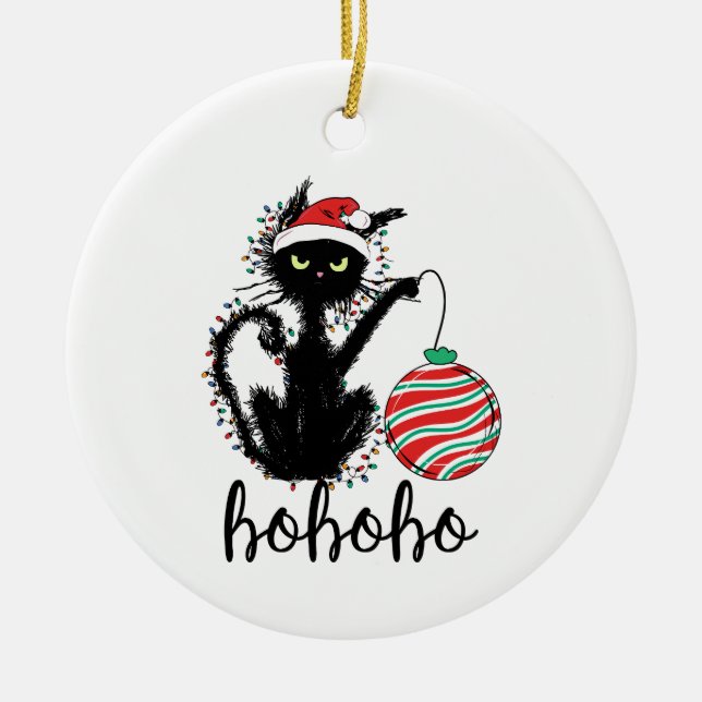 Ornamento De Cerâmica Feliz Natal Negro e Engraçado Gato HoHo (Frente)