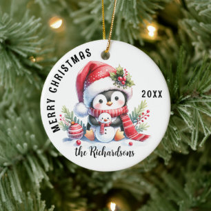 Ornamento De Cerâmica Feliz Natal Nome da Família Cute Penguin