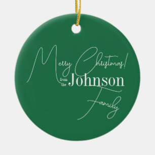 Ornamento De Cerâmica Feliz Natal Nome da Família Verde