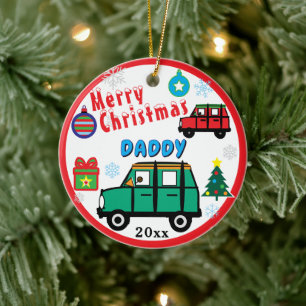 Ornamento De Cerâmica Feliz Natal Papai Crianças FOTO Carro Verde