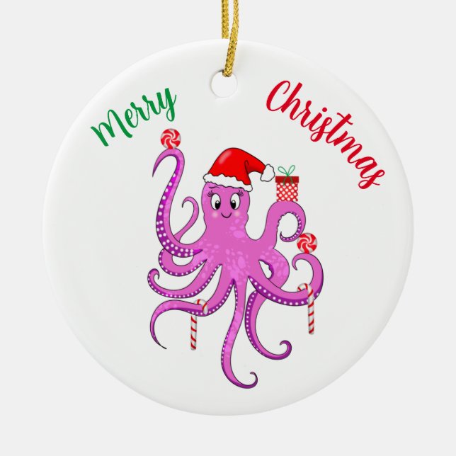 Ornamento De Cerâmica Feliz Natal Papais noeis Roxos Octopus (Frente)