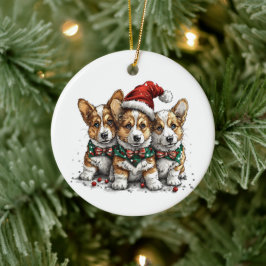Ornamento De Cerâmica Feliz Natal Pembroke Welsh Corgi Puppies